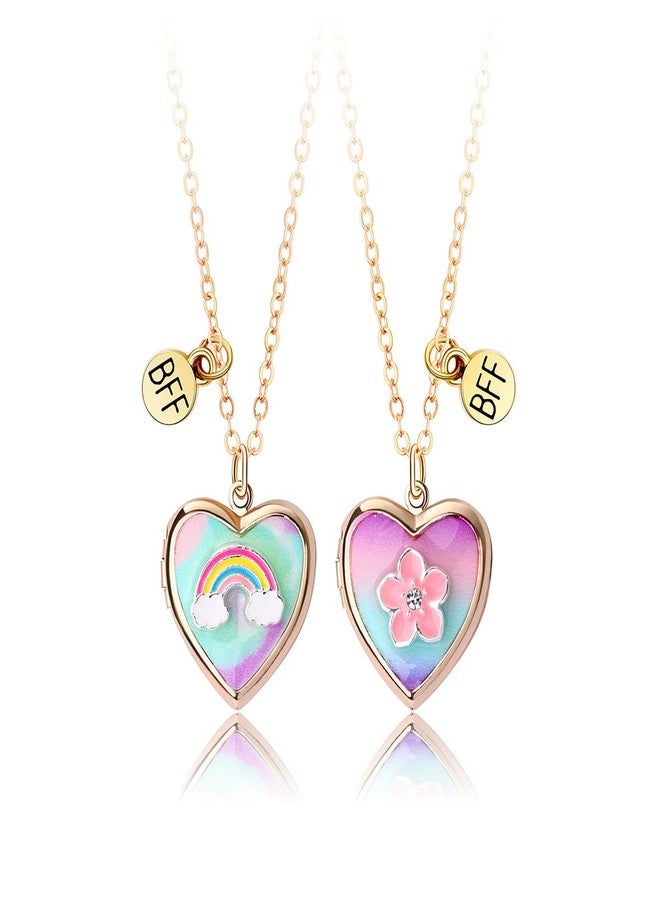 Cykdohy Rainbow Flower BFF Friendship Necklace Cute Heart Pendant Locket Picture Necklaces Set Of 2 Photo Secret Inside Storage Matching Birthday Graduation Jewelry Gifts for Sister Besties Daughter Best Friend Forever Women - Image 1